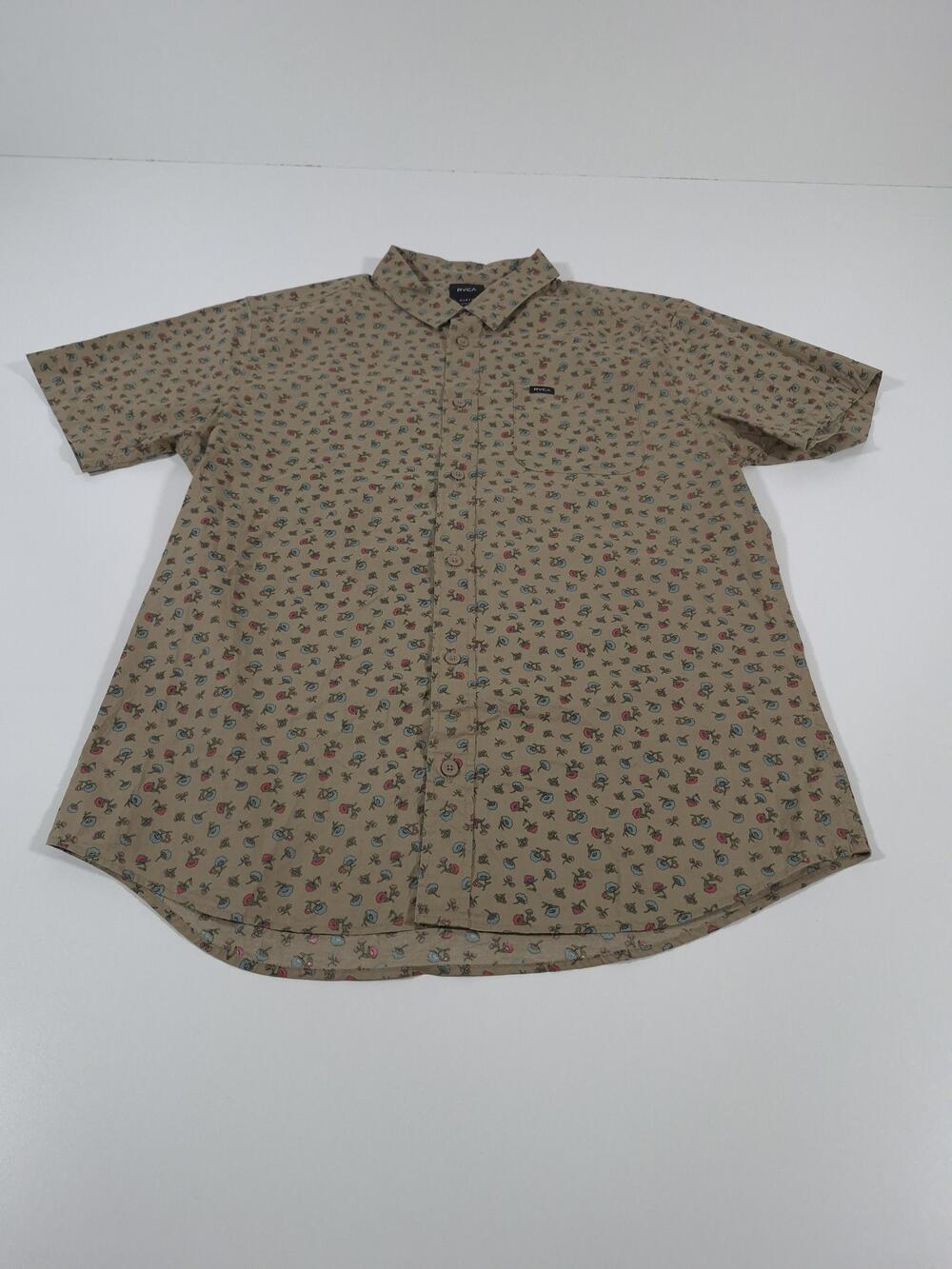 RVCA Shirt Mens M Beige Floral Short Sleeve Button Up Slim Fit Cotton Casual